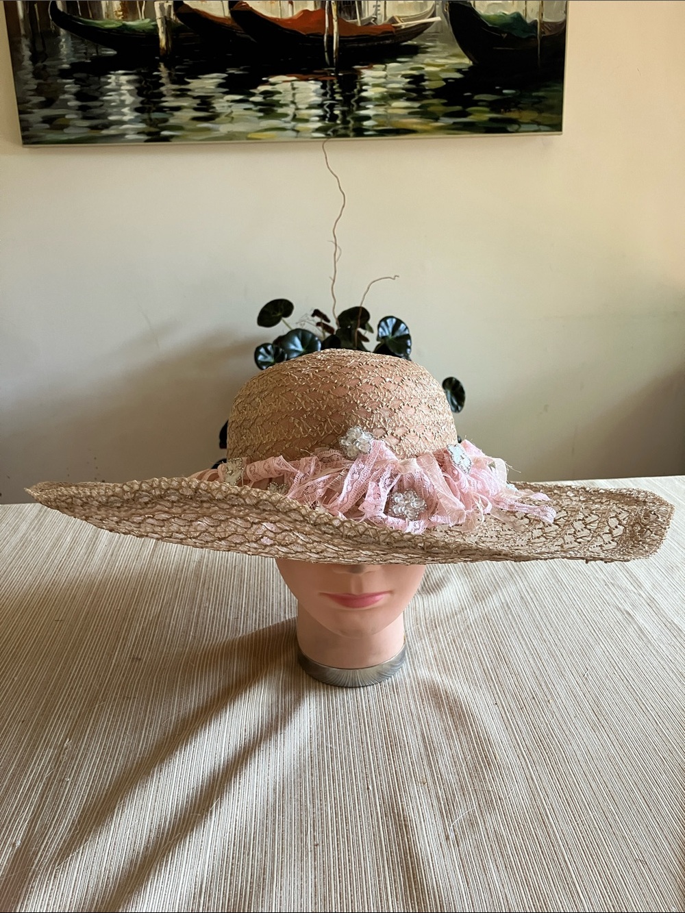 Vintage Beige Lace Like Hat with Fringe Trim and White Sequined Floral Accents